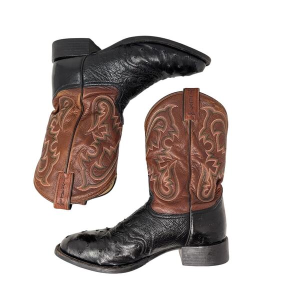 Tony‎ Lama Cowboy Boots Full Quill Ostrich Black Brown TX5007 9 EE Western USA - Picture 2 of 10